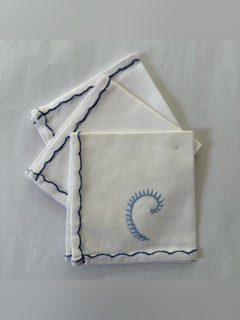 Vintage White Linen Wedding Hankie Blue Embroidered 10"x10" Handkerchief Napkin